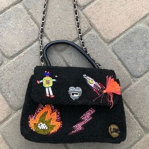 Betsey Johnson- black curly fur soft beaded rhinestone flame robot love purse